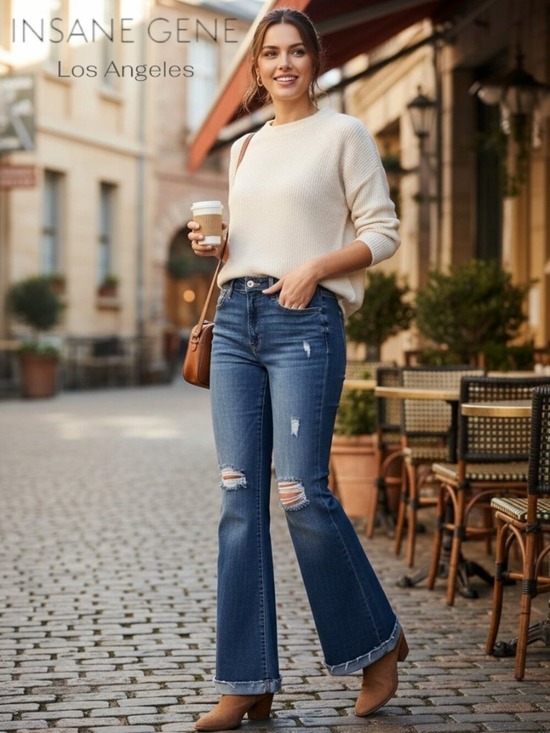 Insane Gene Denim - Y2K Flare Jeans Distressed High Rise Bell Bottom Medium Wash Stretch Denim 29